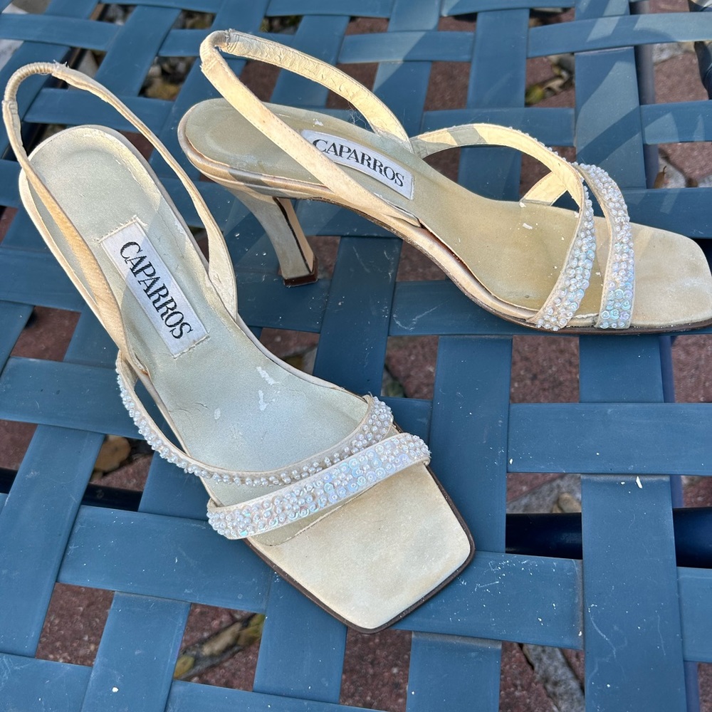 IVORY BEADED SLING BACK SATIN HEELS